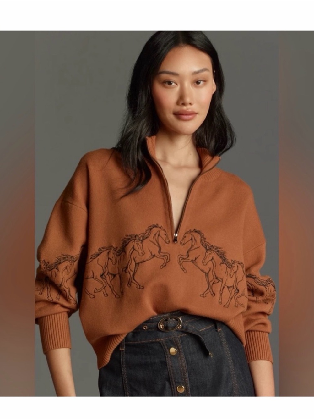 Anthropologie Maeve Rust Zip-Neck Horse-Graphic Sweater - Women